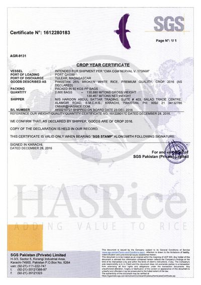 SGS inspection certificate