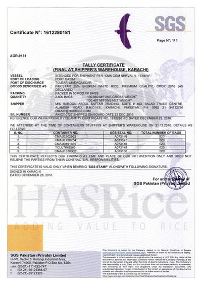 SGS inspection certificate